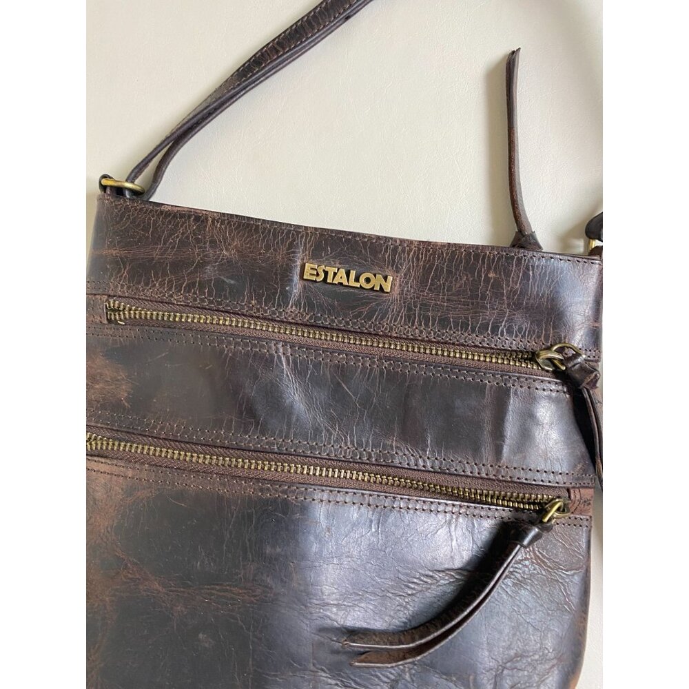 Estalon Brown Leather Crossbody Bag Zip Adjustable Strap OS 9"X 9" Boho Rustic - Picture 7 of 16